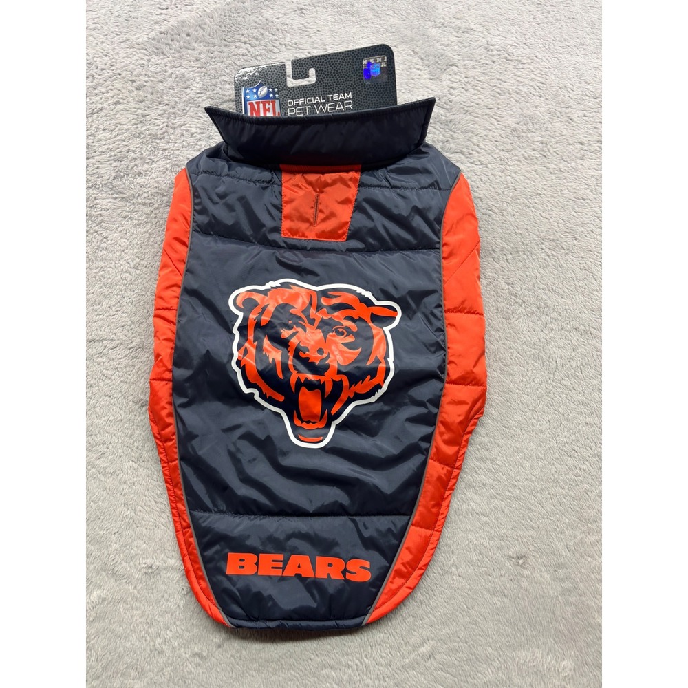 Pets First Chicago Bears NFL Dog Puffer‎ Vest Navy Orange Size Large UP to 40lbs